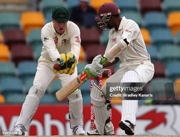 Denesh Ramdin of the West Indies is caught behind by Brad Haddin of Australia during day three of the First Test match between Australian and the...