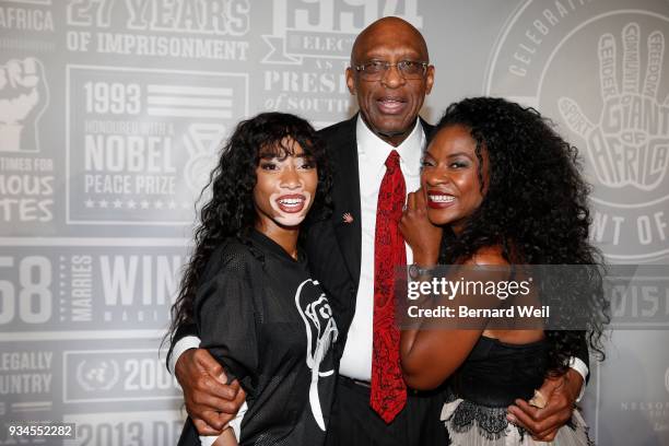 Winnie Harlow, international model, Bob Lanier, NBA legend, and Jully Black Canadian R&B artist, arrive at the second annual Giant of Africa event,...