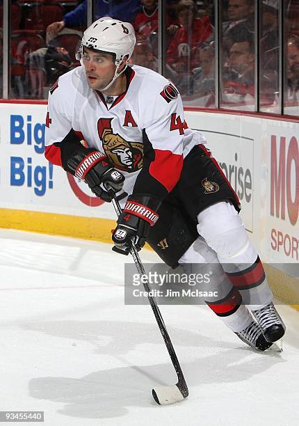 Chris Phillips of the Ottawa Senators skates against the New Jersey Devils at the Prudential Center on November 25, 2009 in Newark, New Jersey. The...