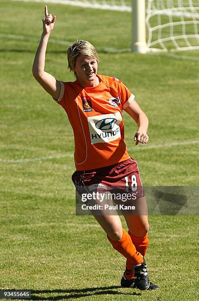 Courtney Beutel of the Roar celebrates a goal during the round nine W-League match between the Perth Glory and the Queensland Roar at Clipsal Stadium...