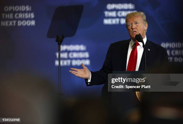 President Donald Trump speaks to supporters and local politicians at an event at Manchester Community College on March 19, 2018 in Manchester, New...