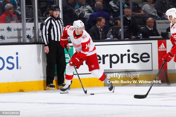 Gustav Nyquist of the Detroit Red Wings skates with the puck against the San Jose Sharks at SAP Center on March 12, 2018 in San Jose, California.