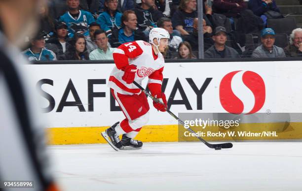 Gustav Nyquist of the Detroit Red Wings skates with the puck against the San Jose Sharks at SAP Center on March 12, 2018 in San Jose, California.