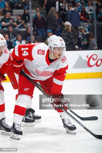 Gustav Nyquist of the Detroit Red Wings skates against the San Jose Sharks at SAP Center on March 12, 2018 in San Jose, California.