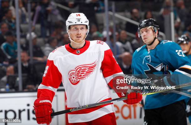 Gustav Nyquist of the Detroit Red Wings looks on during the game against the San Jose Sharks at SAP Center on March 12, 2018 in San Jose, California.