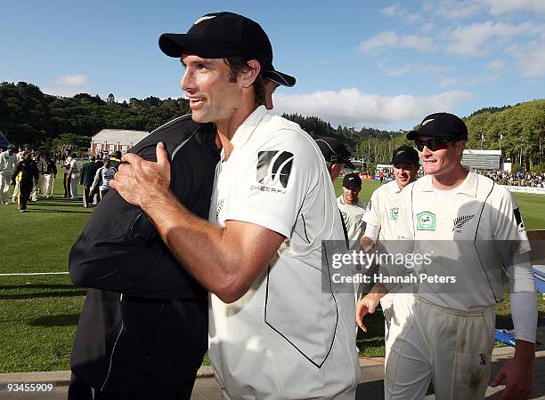 Grant Elliot of New Zealand walks off after winning on day five of the First Test match between New Zealand and Pakistan at the University Oval on...