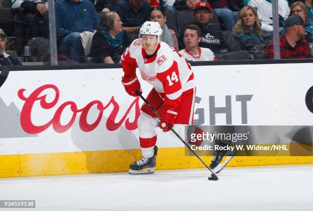 Gustav Nyquist of the Detroit Red Wings skates with the puck against the San Jose Sharks at SAP Center on March 12, 2018 in San Jose, California.