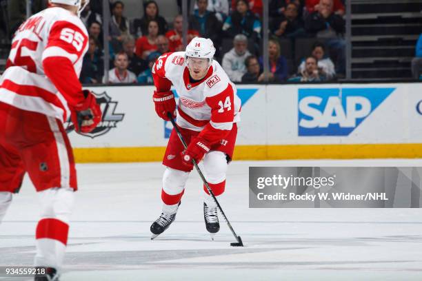 Gustav Nyquist of the Detroit Red Wings skates with the puck against the San Jose Sharks at SAP Center on March 12, 2018 in San Jose, California.