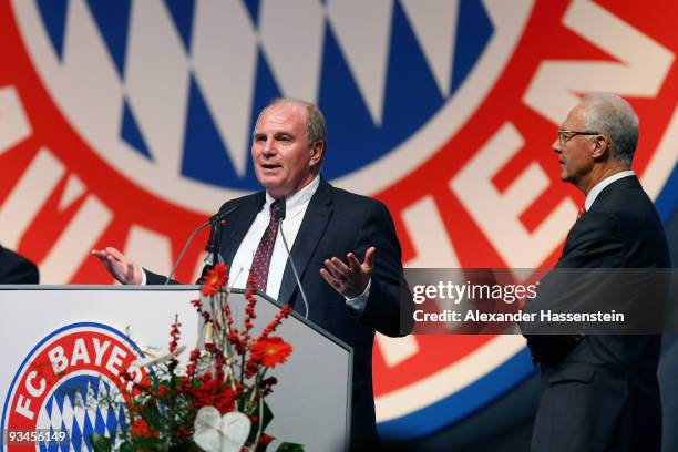 Uli Hoeness , the new elected president of FC Bayern Muenchen speaks while Franz Beckenbauer looks on during the FC Bayern Muenchen general meeting...