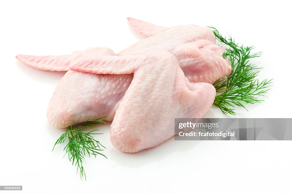 Two raw chicken wings on white backdrop