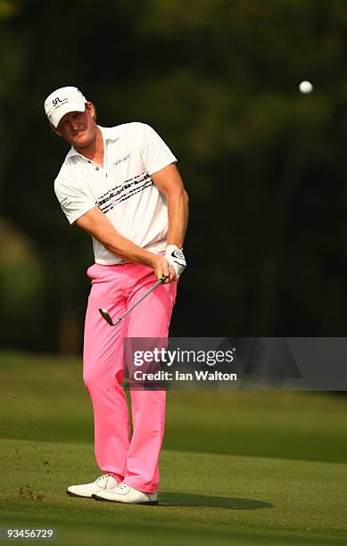 Jamie Donaldson of Wales in action during the Fourballs on the 3rd day of the Omega Mission Hills World Cup on the Olazabal course on November 28,...