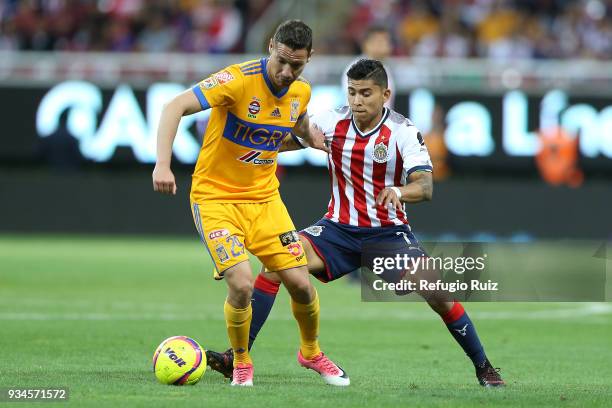 Orbelin Pineda of Chivas fights for the ball with Jesus Duenas of Tigres during the 12th round match between Chivas and Tigres UANL as part of the...