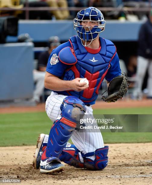 Catcher Chris Gimenez of the Chicago Cubs looks on during an exhibition game against the Cleveland Indians at Cashman Field on March 17, 2018 in Las...