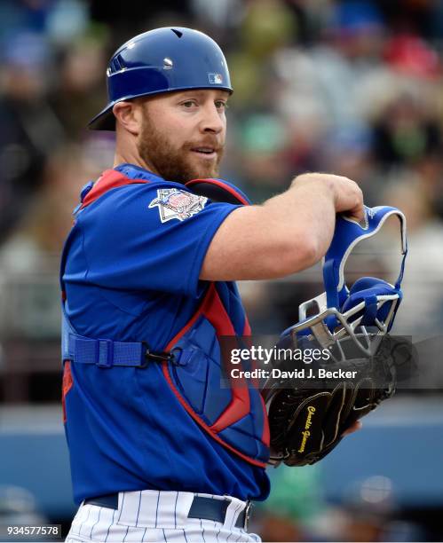 Catcher Chris Gimenez of the Chicago Cubs looks on during an exhibition game against the Cleveland Indians at Cashman Field on March 17, 2018 in Las...