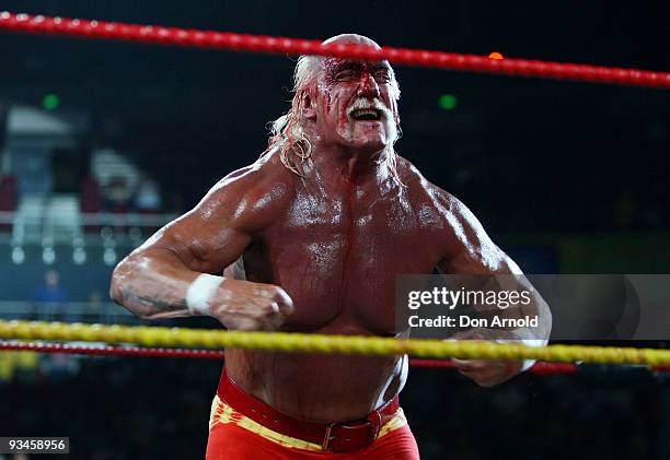 Hulk Hogan competes in the ring against Ric Flair during his 'Hulkamania Tour' at Acer Arena on November 28, 2009 in Sydney, Australia.