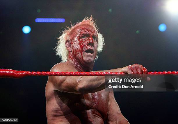 Ric Flair competes against Hulk Hogan during the 'Hulkamania Tour' at Acer Arena on November 28, 2009 in Sydney, Australia.