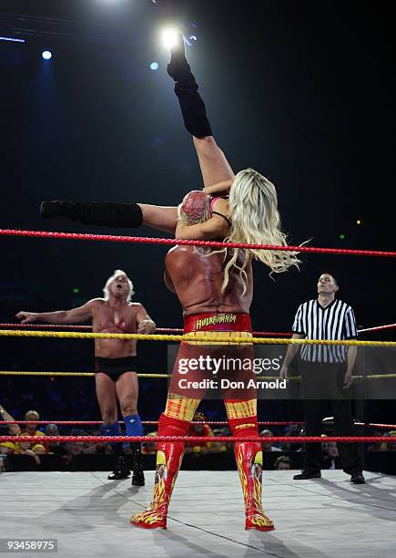 Hulk Hogan competes in the ring against Ric Flair during his 'Hulkamania Tour' at Acer Arena on November 28, 2009 in Sydney, Australia.