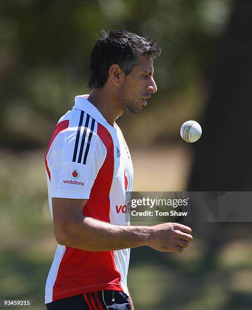 Sajid Mahmood of England looks on during the England nets session at St Georges Park on on November 28, 2009 in Port Elizabeth, South Africa.