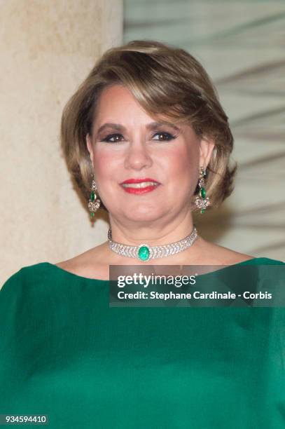 Grand-Duchess Maria Teresa of Luxembourg attends a State dinner at the Elysee Palace on March 19, 2018 in Paris, France. The Duke and Duchess of...