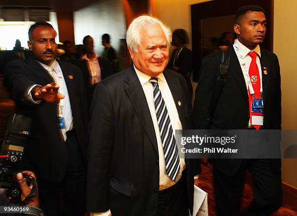 Tongan Prime Minister Dr Feleti Sevele arrives for the executive session on the second day of the Commonwealth Heads of Government Meeting at the...