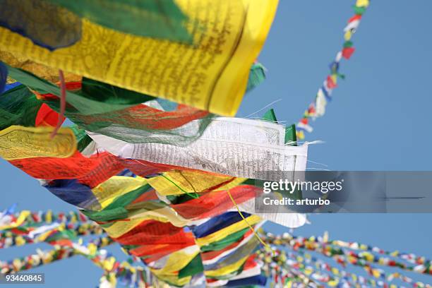 colourful tibetan prayer flags - buddhist flag stock pictures, royalty-free photos & images