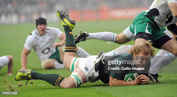 Schalk Burger of South Africa scores during the the Guinness Series 2009 international match between Ireland and South Africa at Croke Park on...