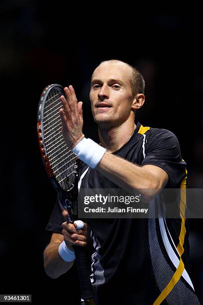 Nikolay Davydenko of Russia celebrates winning the men's singles semi final match against Roger Federer of Switzerland during the Barclays ATP World...