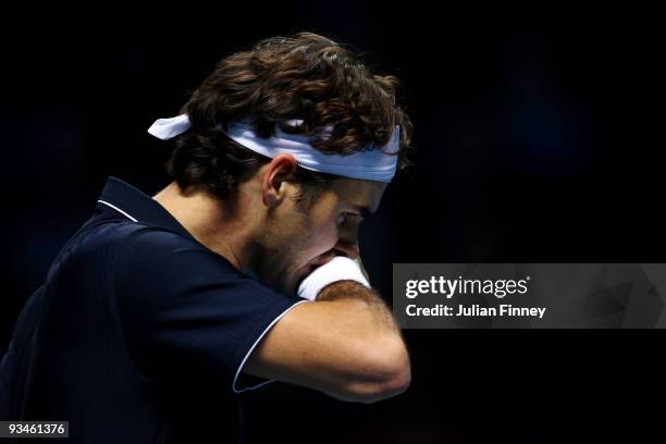 Roger Federer of Switzerland reacts during the men's singles semi final match against Nikolay Davydenko of Russia during the Barclays ATP World Tour...