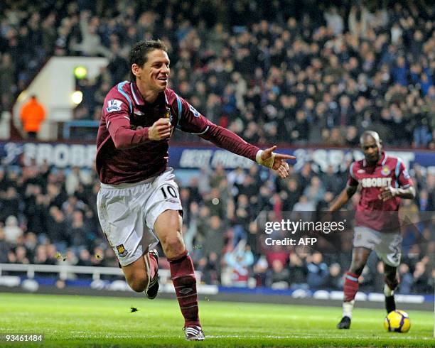 West Ham's Mexican striker Guillermo Franco celebrates scoring the 4th goal of the English Premier League football match between West Ham United and...