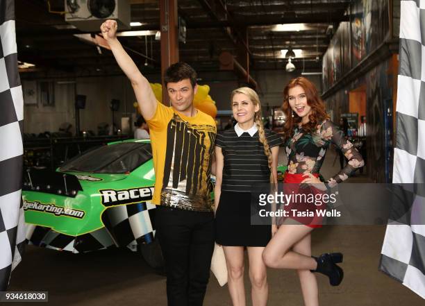 Kash Hovey, Kathy Kolla and Serena Laurel attend The Brand Bash's Adrenaline Bash at Racer's Edge on March 18, 2018 in Burbank, California.