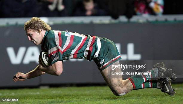 Lewis Moody of Leicester goes over for a try during the Guinness Premiership match between Leicester Tigers and Leeds Carnegie at Welford Road on...