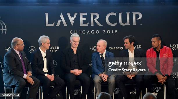 Rod Laver speaks to media at the Chicago Athletic Association during the Laver Cup 2018 Chicago Launch on March 19, 2018 in Chicago, Illinois.