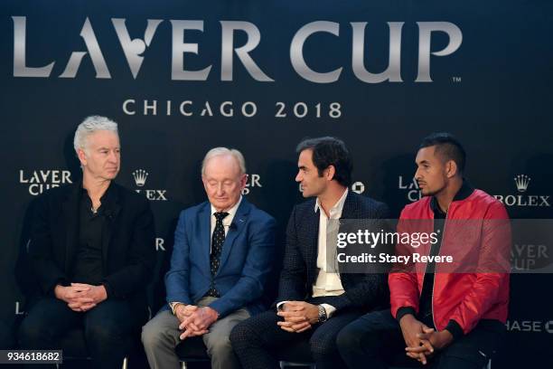 Roger Federer of Switzerland speaks to media at the Chicago Athletic Association during the Laver Cup 2018 Chicago Launch on March 19, 2018 in...