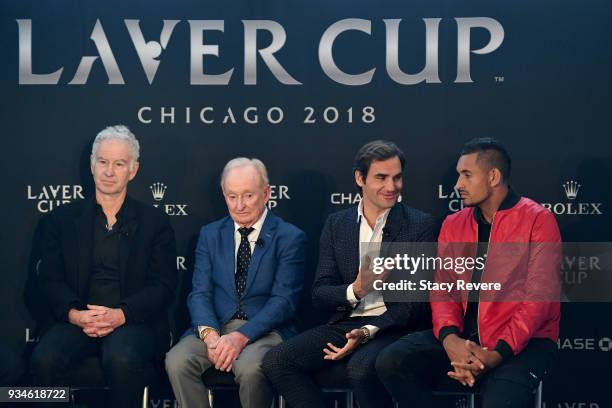 Roger Federer of Switzerland speaks to media at the Chicago Athletic Association during the Laver Cup 2018 Chicago Launch on March 19, 2018 in...