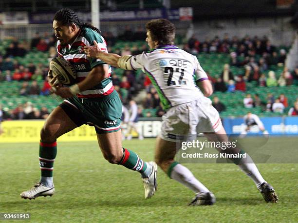 Alesana Tuilagi of Leicester is tackled by Joe Ford of Leeds during the Guinness Premiership match between Leicester Tigers and Leeds Carnegie at...