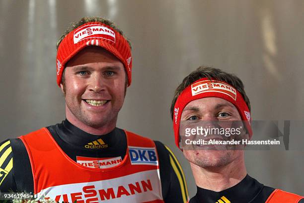 Patrick Leitner of Germany and team mate Alexander Resch compete in the World Cup Double event during the Viessmann Luge World Cup on November 28,...