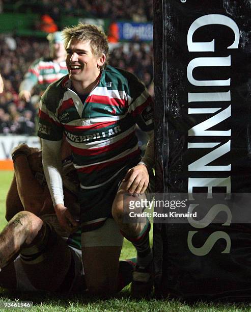 Toby Flood of Leicester celebrates after his try during the Guinness Premiership match between Leicester Tigers and Leeds Carnegie at Welford Road on...