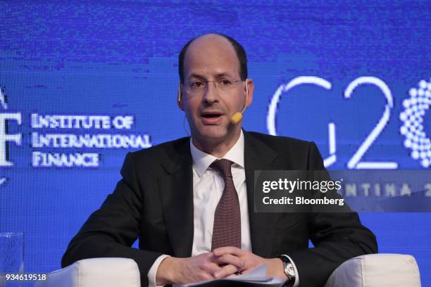 Jerome Haegeli, chief economist of Swiss Reinsurance Co., speaks during the Institute of International Finance G20 Conference in Buenos Aires,...