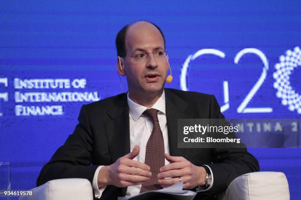 Jerome Haegeli, chief economist of Swiss Reinsurance Co., speaks during the Institute of International Finance G20 Conference in Buenos Aires,...