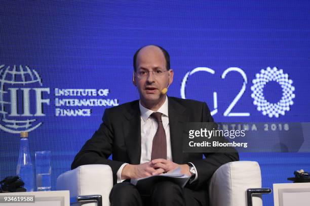Jerome Haegeli, chief economist of Swiss Reinsurance Co., speaks during the Institute of International Finance G20 Conference in Buenos Aires,...