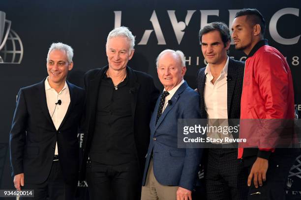 Mayor Rahm Emanuel , John McEnroe, Rod Laver, Roger Federer of Switzerland, and Nick Kyrgios of Australia pose for a photo at the Chicago Athletic...