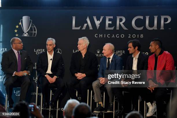 Mike Tirico hosts a press conference with Mayor Rahm Emanuel, John McEnroe, Rod Laver, Roger Federer of Switzerland, and Nick Kyrgios of Australia at...