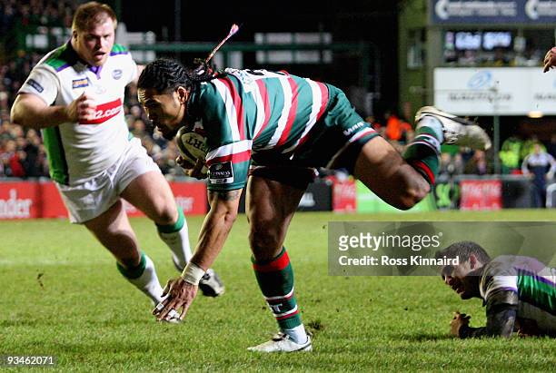 Alesana Tuilagi of Leicester bursts through the Leeds defence during the Guinness Premiership match between Leicester Tigers and Leeds Carnegie at...