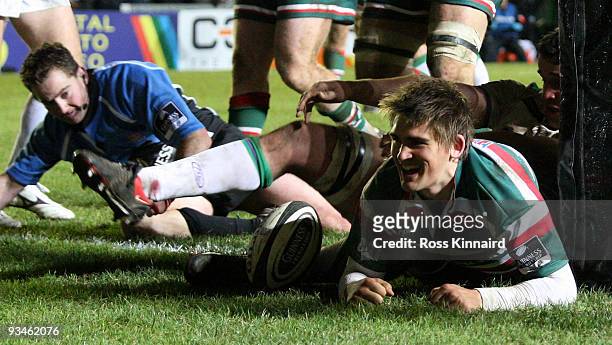 Toby Flood of Leicester celebrates after his try during the Guinness Premiership match between Leicester Tigers and Leeds Carnegie at Welford Road on...