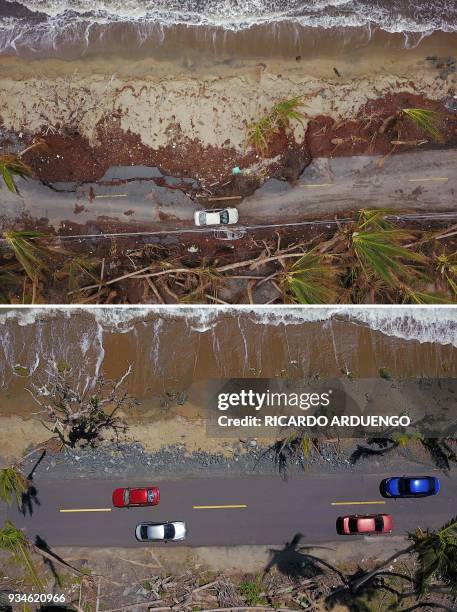 This combo of photos made on March 19, 2018 shows A car drives on a damaged road in the aftermath of Hurricane Maria in Humacao, Puerto Rico on...