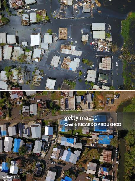 This combo of photos made on March 19, 2018 shows an aerial view of the flooded neighbourhood of Juana Matos in the aftermath of Hurricane Maria in...