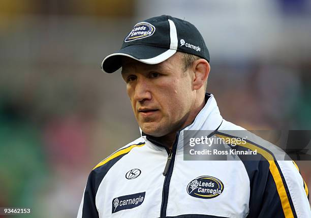 Neil Back the Leeds coach during the Guinness Premiership match between Leicester Tigers and Leeds Carnegie at Welford Road on November 28, 2009 in...