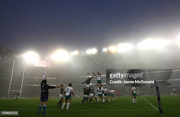 General view of play as the fog desends on Croke Park during the Guinness Series 2009 match between Ireland and South Africa on November 28, 2009 in...