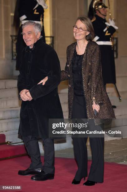 French Minister of Culture Francoise Nyssen and guest attend a State dinner at the Elysee Palace on March 19, 2018 in Paris, France. The Duke and...