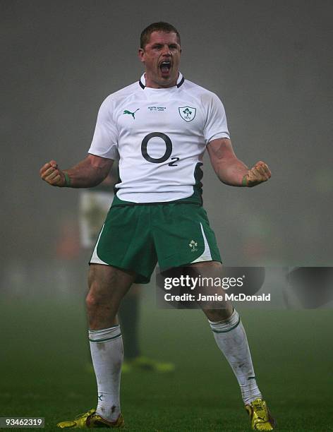 Jamie Heaslip of Ireland celebrates victory over South Africa at the close of the Guinness Series 2009 match between Ireland and South Africa at...